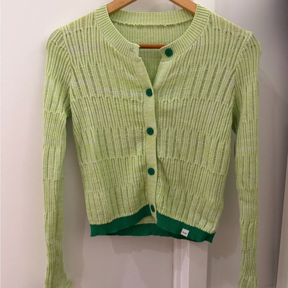 Light Green Ribbed Button-Up Women’s Sweater Cardigan